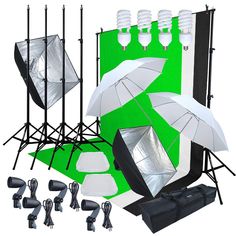 an array of lighting equipment including umbrellas and lights