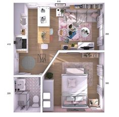 an overhead view of a bedroom and living room