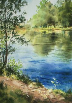 a painting of a lake surrounded by trees