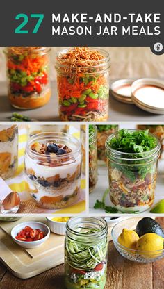 mason jar meals with text overlay that reads 27 make - and - take mason jar meals