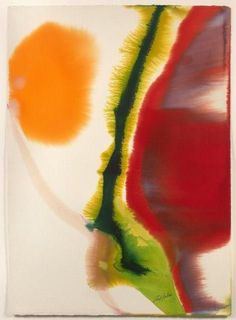 an abstract painting with red, orange and green colors