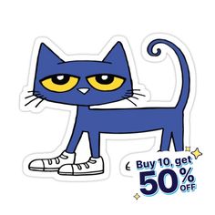 a blue cat with yellow eyes standing on top of a white background and the words buy 10 get 50 % off