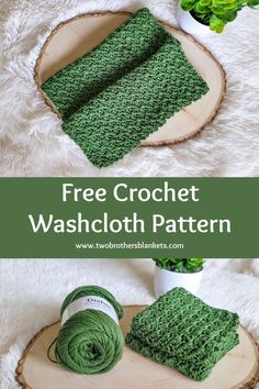 the crochet washcloth pattern is on top of a wood slice with yarn next to it