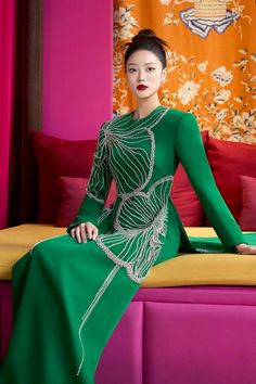 Gracef Sheath Round Neck Velvet Satin Floor Length Ao Dai | MEAN BLVD Design Kurti, Mean Blvd, Cape Sleeves, Embroidery Designs Fashion, Satin Maxi, Classy Dress, Fancy Dresses, Dream Dress, Fitted Dress