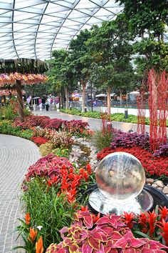 the inside of a garden with flowers and plants in it's display area,