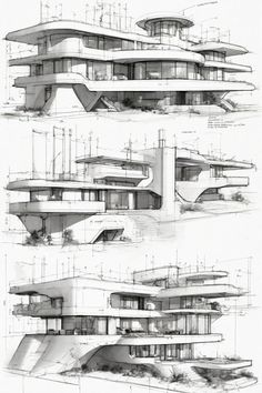 three different architectural drawings of buildings and their functions in the process of being sketched