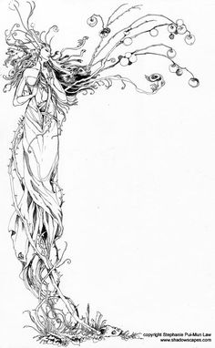 a drawing of a woman with long hair and flowers on her head, standing in front of