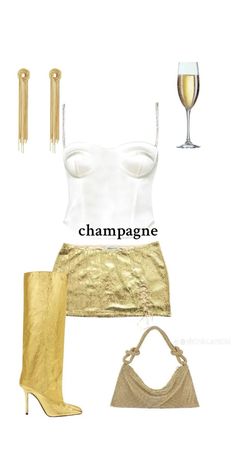 a woman's outfit with gold accessories and heels, including a white bra top