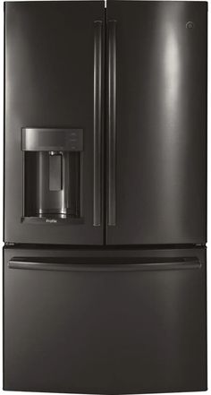 a black refrigerator freezer with water dispenser on the front and bottom