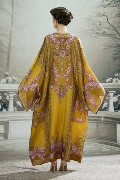 Yellow kaftan with straight boxy kimono sleeves and panels on the side. - Aza Fashions Yellow Kaftan, Rajdeep Ranawat, Kaftan Women, Kaftan For Women, Adah Sharma, Diana Penty, Kareena Kapoor Khan, Yellow Silk, Luxury Sale