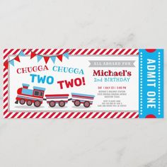 a ticket for two birthdays with train cars on the front and red, white, and blue stripes