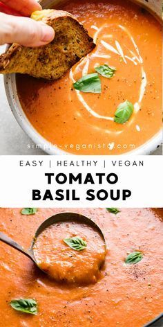 tomato basil soup in a bowl with a spoon