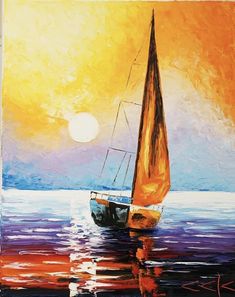 a painting of a sailboat on the water at sunset with an orange sky in the background