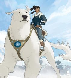 a woman riding on the back of a white dog in front of snow covered mountains