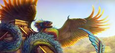 an artistic painting of two dragon like creatures on top of a building with their wings spread out