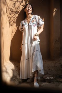 Off white tiered dress with floral print and thread embroidered yoke. - Aza Fashions White Tiered Dress, Shirt Jacket Men, Tier Dress, Drape Saree, Thread Work, White Embroidery, Dress Suits, Embroidery Details, Western Shirts