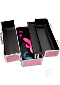 three pink and black boxes with toothbrushes in them