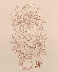 a drawing of a snake with flowers on it's head and the letter y