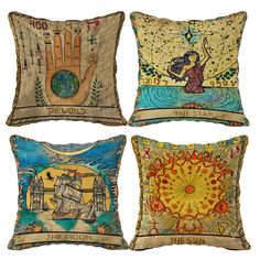 four decorative pillows with different designs and words on the front, two are hand painted