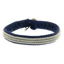 Handmade single wrap Bracelet created in blue leather with woven Pewter and horn clasp by Maria Rudman.  16.5cm