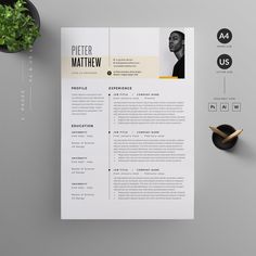 a clean and modern resume template with yellow accents on the cover, next to a potted plant