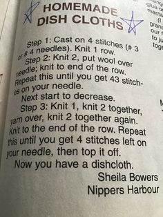 an open book with instructions on how to sew the dish cloths in it