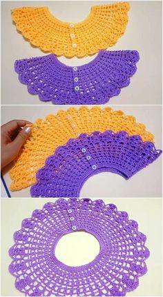 crocheted doily is shown in three different colors and sizes, including yellow, purple, and orange