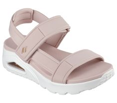 Heat up the season with style in Skechers Uno - Summer Stand2. This vegan T-strap sandal inspired from our iconic Uno silhouette features a debossed nylon upper with an adjustable slingback strap. This design is complete with a cushioned Yoga Foam footbed and a visible Skech-Air airbag midsole. | Skechers Women's Uno - Summer Stand2 Sandals | Medium Width | Skech-Air visible airbag midsole | Yoga Foam cushioned comfort footbed | Crafted with 100% vegan materials | Embossed nylon upper with adjus Trendy Synthetic Sandals With Adjustable Strap, Adjustable Fit Sandals With Straps For Summer, Sport Sandals With Adjustable Strap For Summer, Spring Sandals With Cushioned Footbed And Adjustable Fit, Spring Sandals With Cushioned Adjustable Fit, Spring Sandals With Cushioned Adjustable Footbed, Adjustable Fit Open Toe Synthetic Sandals, Open Toe Synthetic Sandals With Adjustable Fit, Summer Sport Sandals With Heel Strap And Synthetic Material