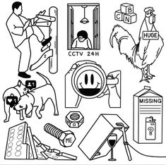 a black and white drawing of various things that are in the shape of a house