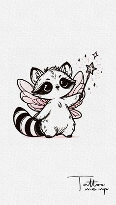 a drawing of a little racoon with stars on it's tail and wings