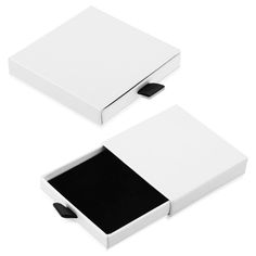 two white boxes with one open and the other closed, both have black accents on them