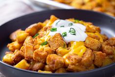 a black bowl filled with tater tots covered in sour cream