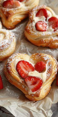 some heart shaped pastries with strawberries on them