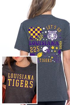 LSU TIGERS,FOOTBALL UNISEX SHORT SLEEVE,GRAPHIC TEE,GRAPHIC TSHIRTS,TSHIRTS,TEES100%COTTON,HEATHER(52%COTTON,48%POLY),ATH.HEATHER,BLACK HEATHER(90%COTTON,10%POLY)NICARAGUAMade In: NicaraguaSize Measurement (inch): S: 36.0 (Bust), 18.0 (Waist), 18.0 (Hips), 28.0 (Length) M: 40.0 (Bust), 20.0 (Waist), 20.0 (Hips), 29.0 (Length) L: 44.0 (Bust), 22.0 (Waist), 22.0 (Hips), 30.0 (Length) XL: 48.0 (Bust), 24.0 (Waist), 24.0 (Hips), 31.0 (Length) Purple College T-shirt With Team Name, Sporty Shirt For College In Summer, Sporty Summer Shirt For College, Purple Collegiate Tops For Sports Events, Collegiate Purple Top For Sports Events, Game Day Athletic Heather Short Sleeve T-shirt, Sports Purple T-shirt With Team Name, Sports Shirt With Team Logo, Sports Team T-shirt In Purple