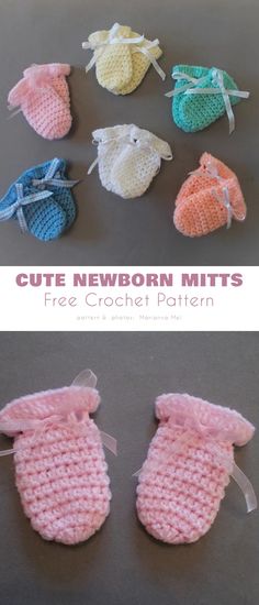 crocheted newborn mitts are shown in different colors and sizes, with text overlay