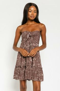 Brown and Cream Print Dress - Strapless Dress - Short Dress | Boho Pink Short Strapless Dress, Boho Beach Outfit, Short Sundress, Strapless Dresses Short, Flared Mini Skirt, Dress Guide, A Goddess, Pink Boho, Strapless Mini Dress