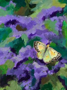 a painting of a butterfly on purple flowers