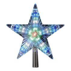 a star shaped christmas tree topper with blue and green lights