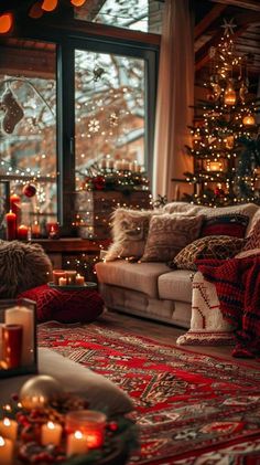 a living room filled with lots of furniture and christmas lights on the windows sill