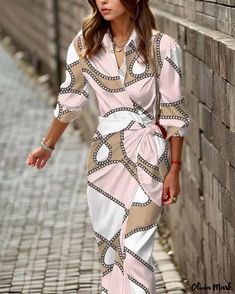 OliviaMark - Chic and Elegant Long Sleeve V-neck Shirt Dress Dresses Casual Boho, Mode Prints, Dress Sleeve Length, Collared Shirt Dress, Chiffon Fashion, Printed Shirt Dress, Turndown Collar, Hip Dress, Boho Casual