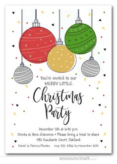 christmas party flyer with ornaments hanging from strings