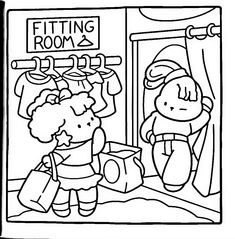 a coloring book page with a girl looking at her reflection in the mirror and another person standing next to her