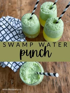 three glasses filled with green water punch on top of a wooden table