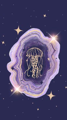 an illustration of a jellyfish in the center of a purple agate shell surrounded by stars