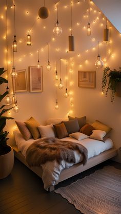 a living room filled with lots of lights next to a bed covered in pillows and blankets