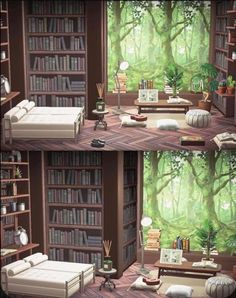 there are two pictures of a room with bookshelves and a bed in it