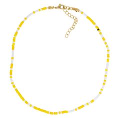 3mm yellow and white seed bead no custom sizes 3 inch extender Yellow Necklaces With Round Letter Beads, Yellow Necklace With Letter Beads, Yellow Necklaces With Letter And Round Beads, Yellow Beaded Necklace With Letter Beads For Beach, Yellow Beach Necklace With Spacer Beads, Yellow Tiny Beads Necklace For Beach, Adjustable Yellow Necklace With Spacer Beads, Yellow Letter Beads Jewelry For Beach, Adjustable Yellow Beaded Necklaces With Colorful Beads