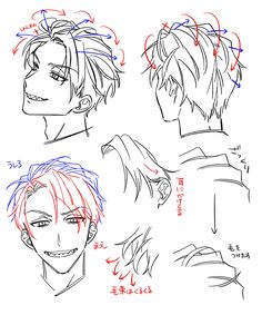 some anime character's hair styles and their expressions are drawn in red, blue, and black