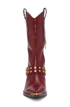 A slim rand and flat studs kick up shine in a Western-inspired boot outfitted with a low stacked heel. 1 1/4" heel 9" shaft Pull-on style Leather upper/synthetic lining/rubber sole Imported Fitted Leather Boots With Rhinestone Rivets, Fitted Studded Ankle Boots, Western Boots Women, Fabric Gift Bags, Nordstrom Store, Stacked Heel, Free Fabric, Fabric Gifts, Vince Camuto