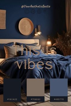 this is a bedroom with blue walls and white bedding, along with the words'this is vibes '